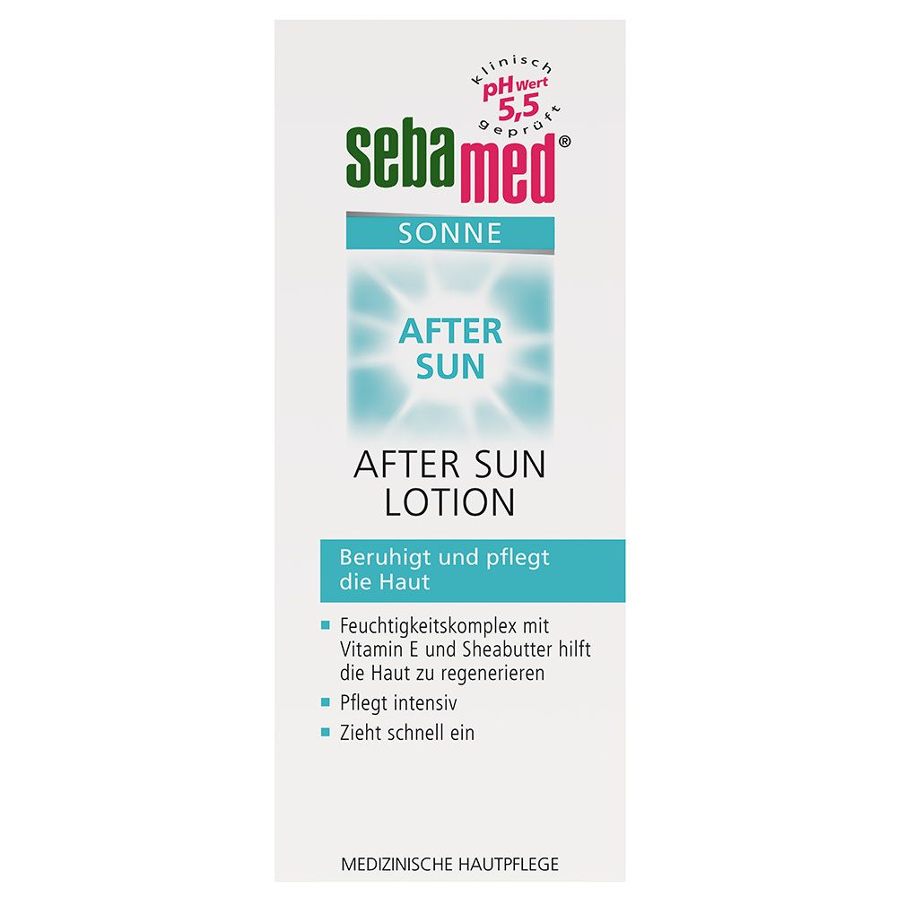 Verpackung von After Sun Lotion. Weißer Karton mit Aufschrift: sebamed Sonne After Sun Lotion. pH 5,5.