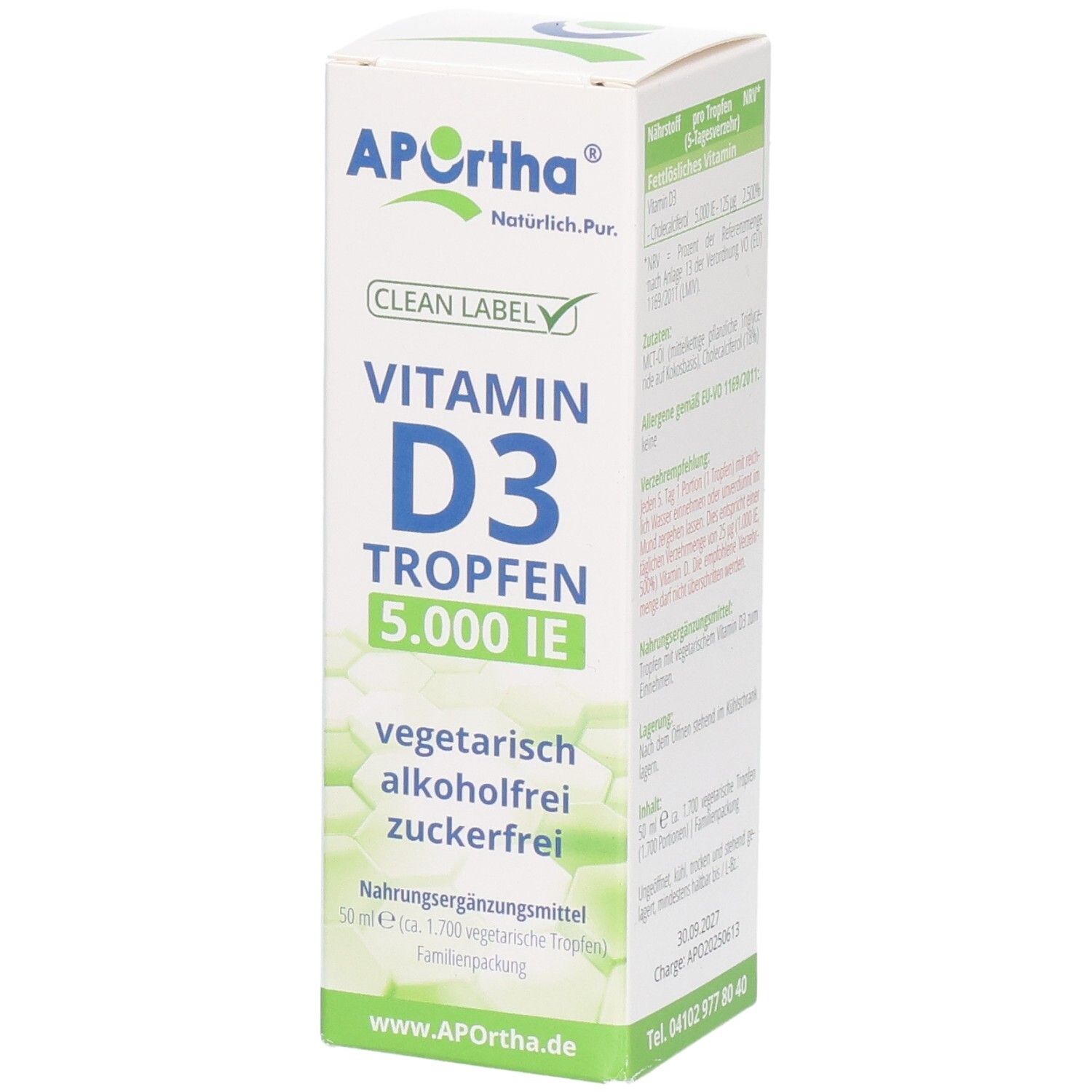 APOrtha Vitamin D3 Tropfen 5.000 IE Karton. Vegetarisch, alkoholfrei, zuckerfrei. 50 ml.