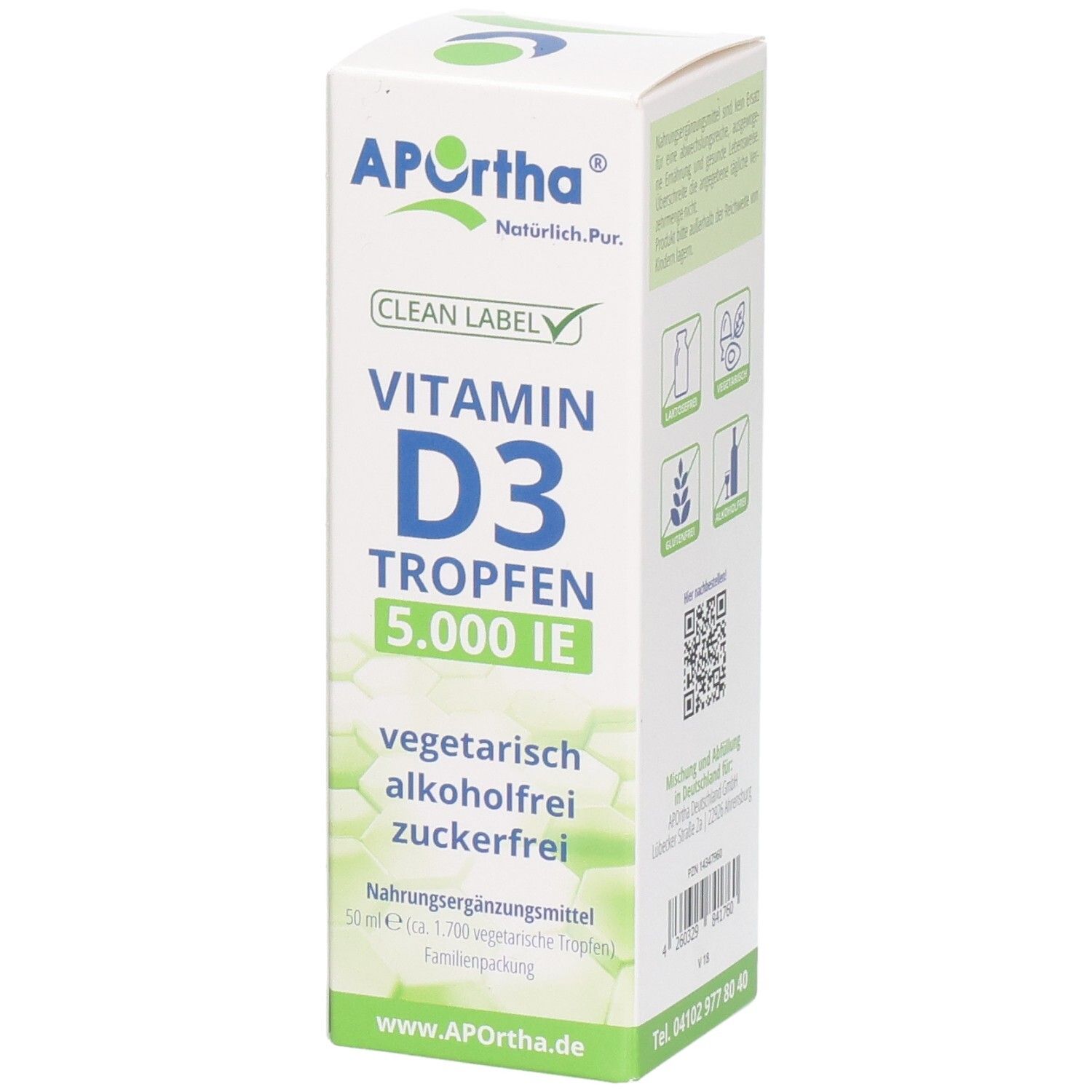 APOrtha Vitamin D3 Tropfen 5.000 IE Karton Vorderseite. Vegetarisch, alkoholfrei, zuckerfrei. 50 ml.