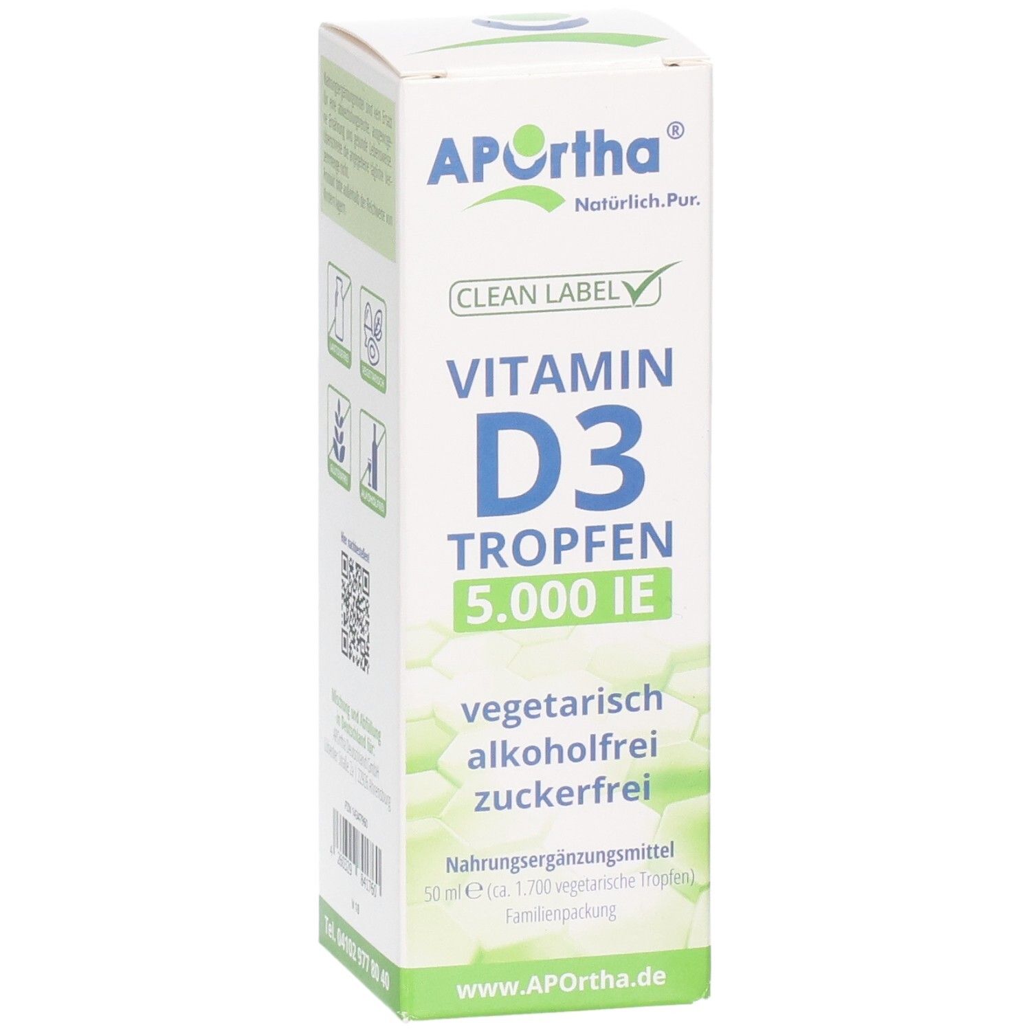 APOrtha Vitamin D3 Tropfen 5.000 IE Karton. Mit Icons für laktosefrei, glutenfrei, vegetarisch, alkoholfrei.