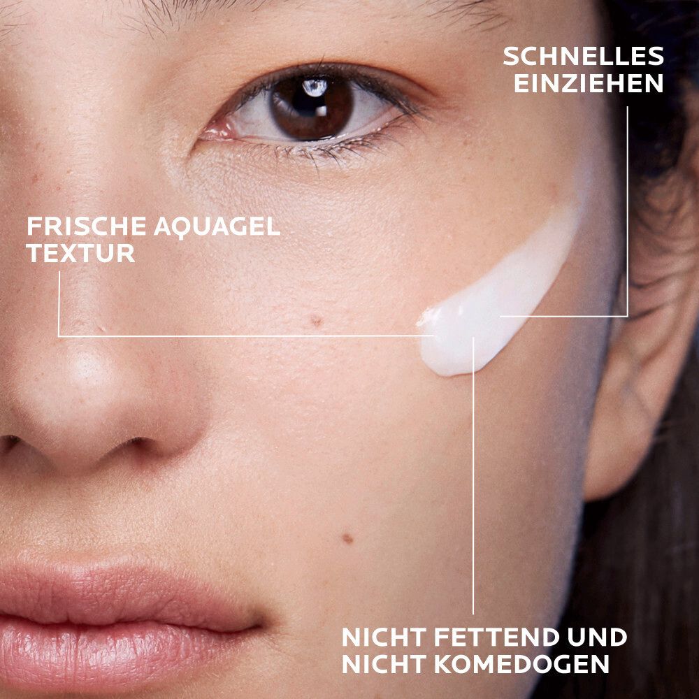 Gesicht mit Creme. Text: Frische Aquagel Textur, Nicht fettend und nicht komedogen.