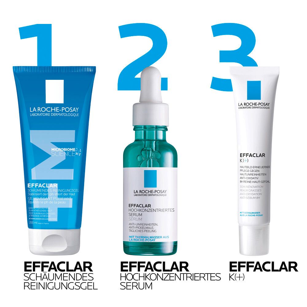 Drei Produkte: Reinigungsgel, Serum, und EFFACLAR K(+). La Roche-Posay Logo.