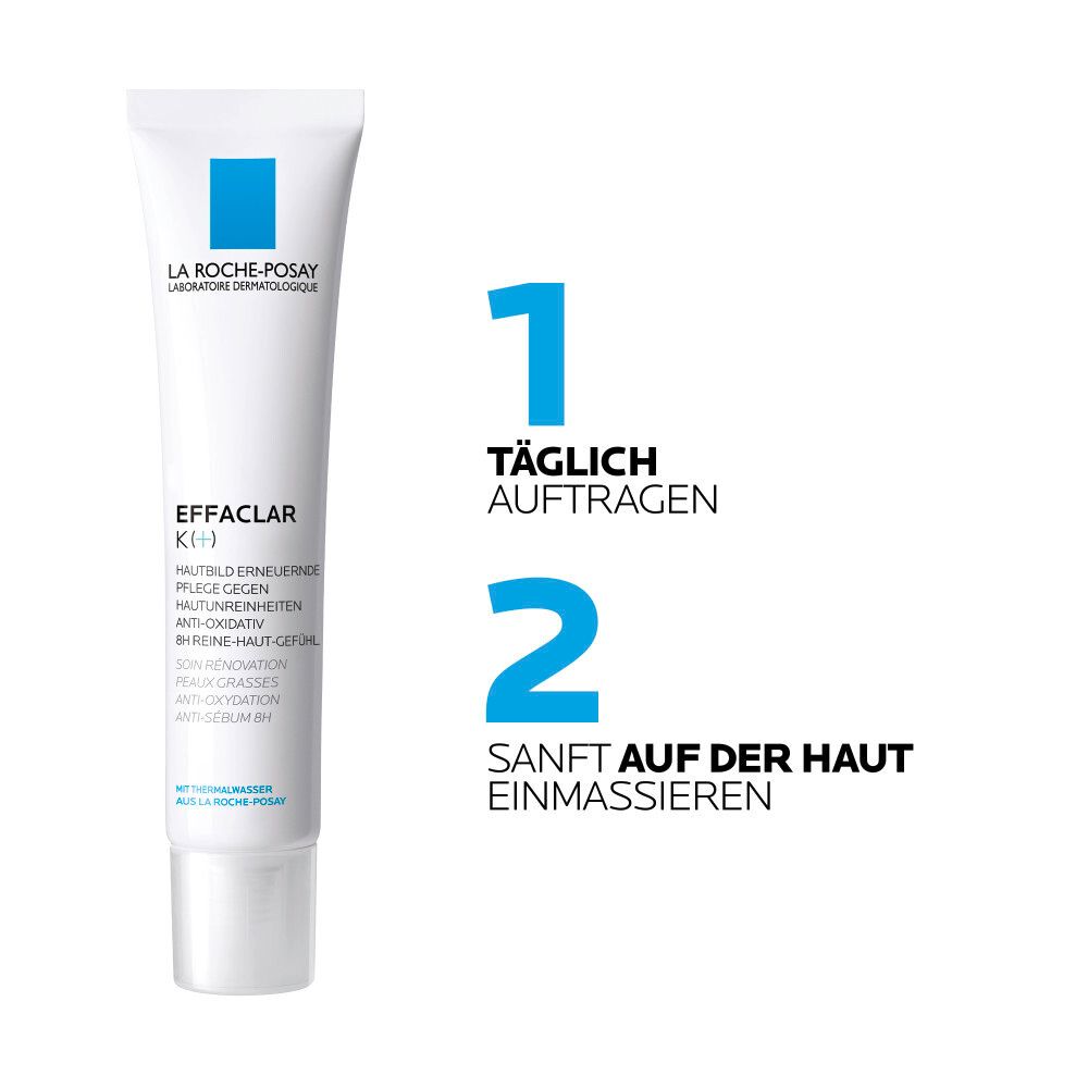 Weiße Tube EFFACLAR K(+). Text: Täglich auftragen, sanft einmassieren.