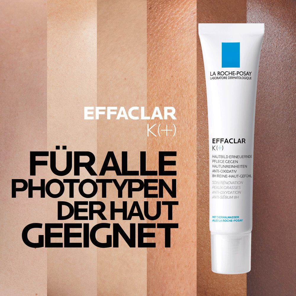 EFFACLAR K(+) Tube vor Hauttönen. Text: Für alle Hauttypen geeignet.