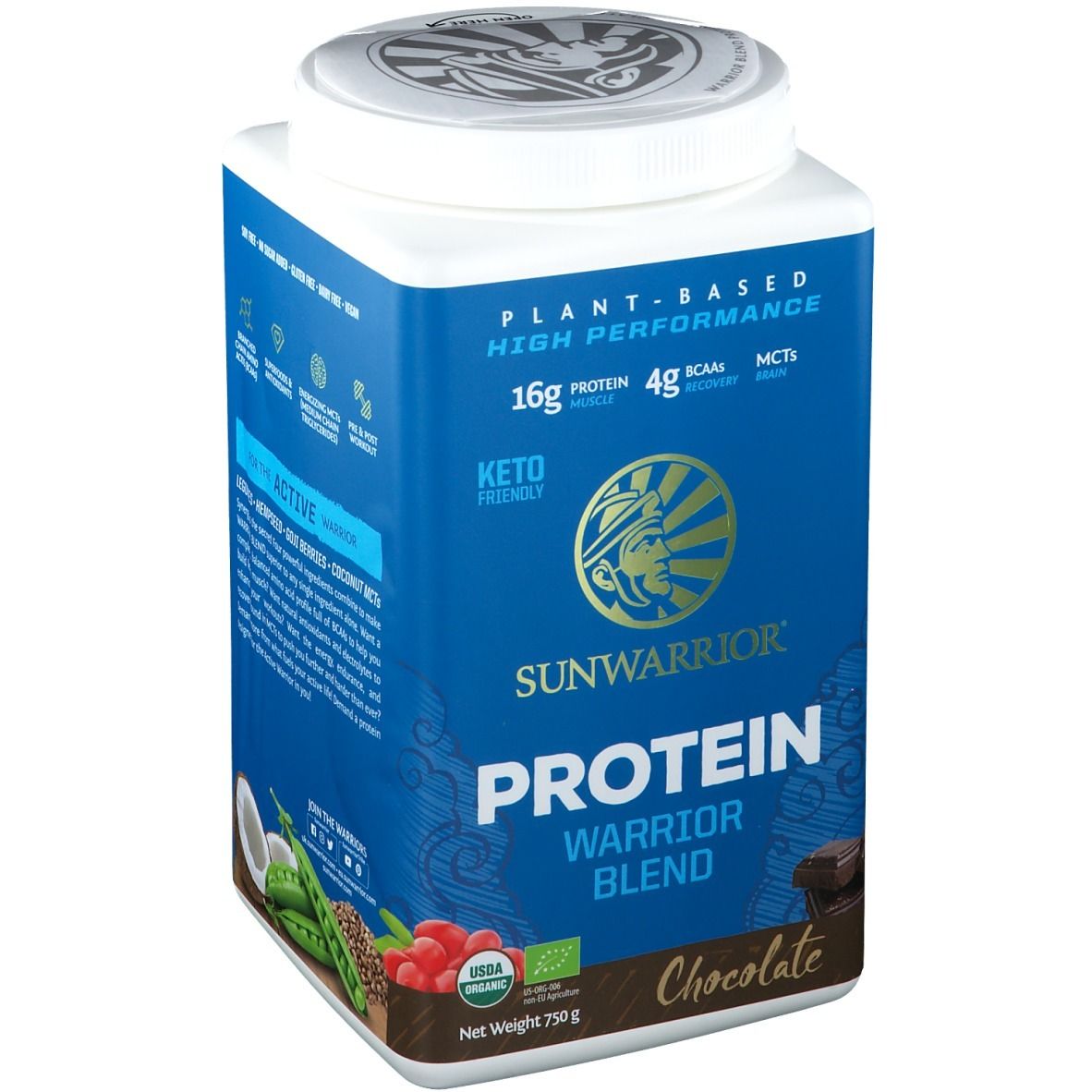 Blaue Dose mit SUNWARRIOR Protein Warrior Blend Chocolate. Enthält 16g Protein, 4g BCAAs. Keto-freundlich. Mit Bio-Siegel. 750g.
