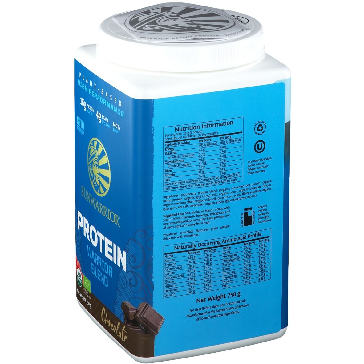 Rückseite der blauen Dose SUNWARRIOR Protein Warrior Blend Chocolate. Enthält Nährwertangaben und Aminosäureprofil. 750g.