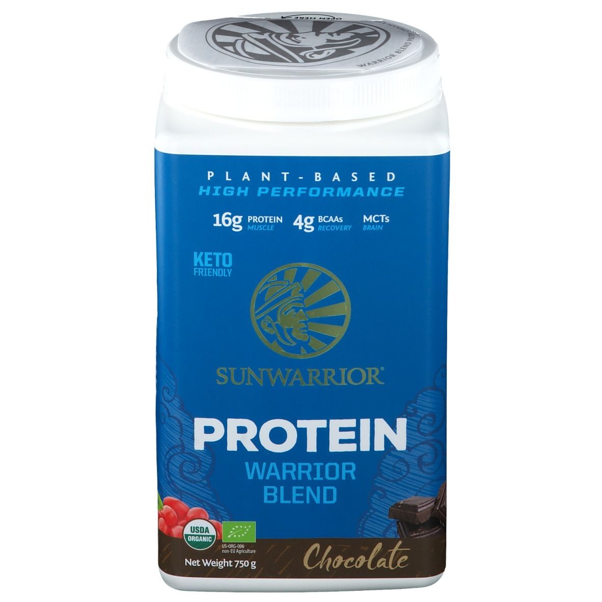 Blaue Dose SUNWARRIOR Protein Warrior Blend Chocolate. Enthält 16g Protein, 4g BCAAs. Keto-freundlich. Mit Bio-Siegel. 750g.