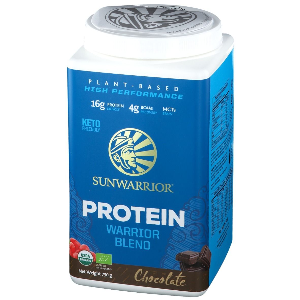Blaue Dose SUNWARRIOR Protein Warrior Blend Chocolate. Enthält 16g Protein, 4g BCAAs. Keto-freundlich. Mit Bio-Siegel. 750g.