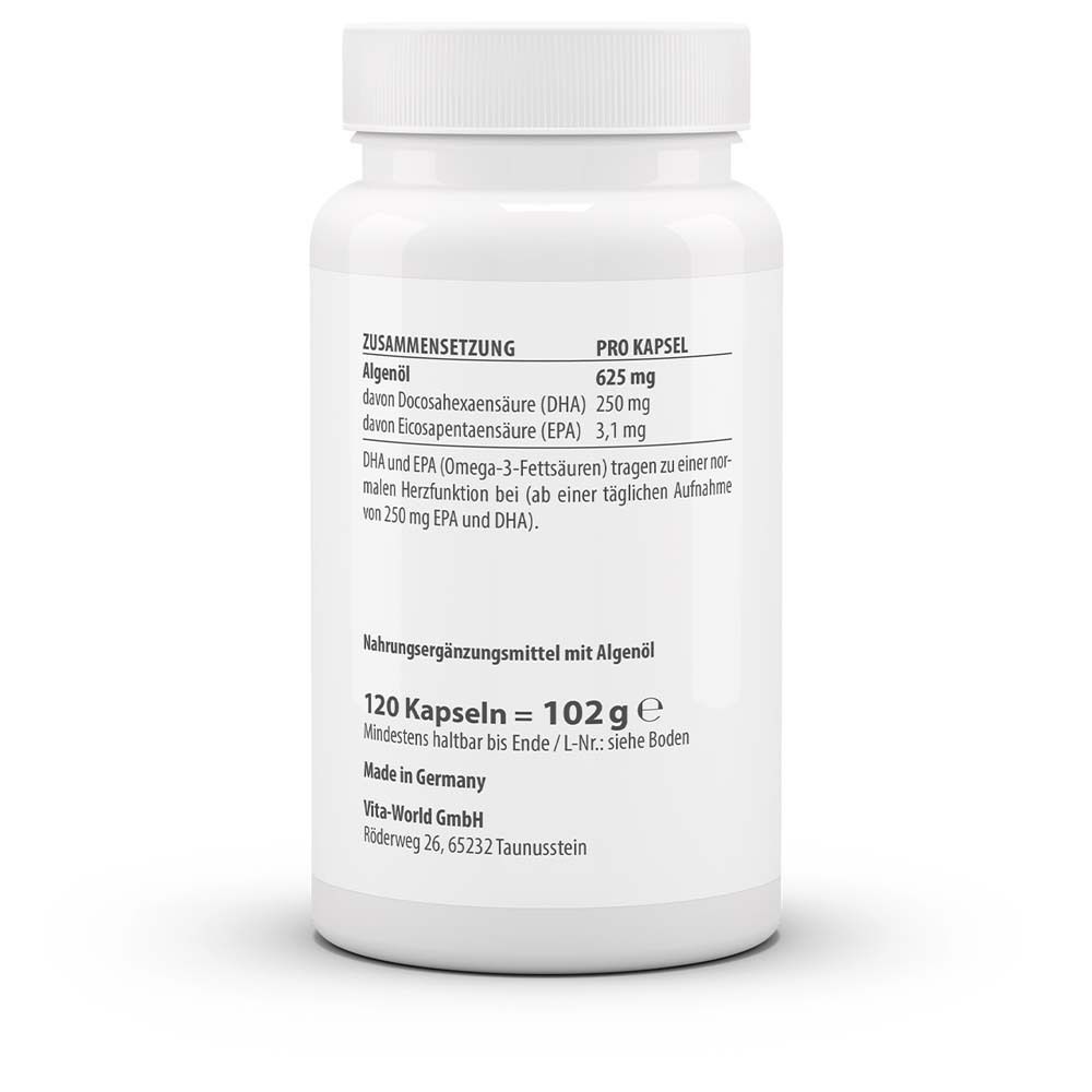 Rückseite der weißen Flasche. Text: Zusammensetzung, Nährwertangaben, 120 Kapseln = 102 g, Mindesthaltbarkeit, Vita-World GmbH.