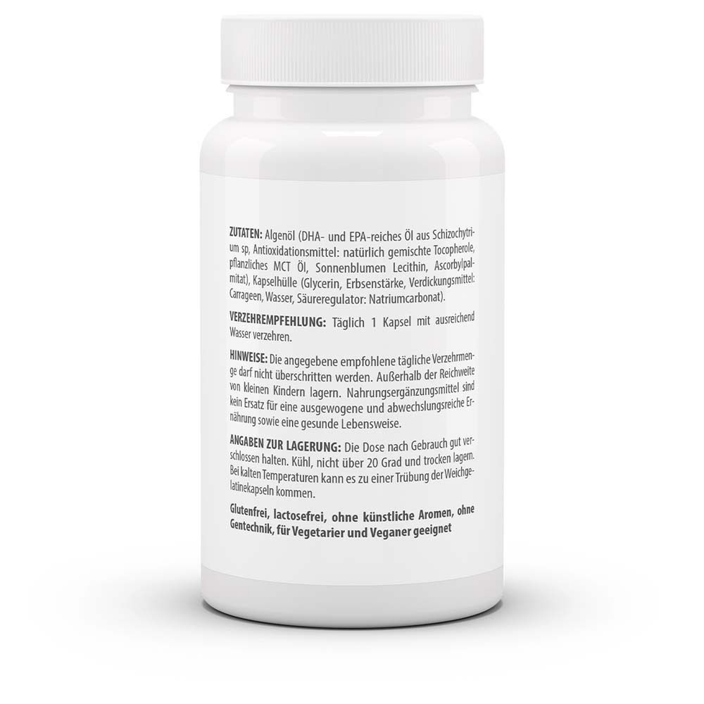 Rückseite der weißen Flasche. Text: Zutaten, Verzehrempfehlung, Hinweise, Angaben zur Lagerung. Glutenfrei, lactosefrei, ohne künstliche Aromen.