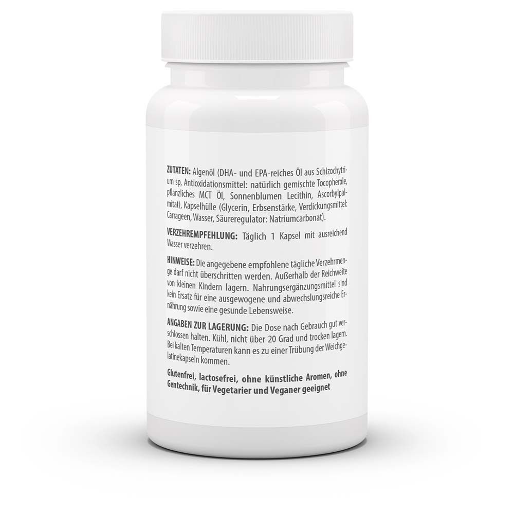 Rückseite der weißen Flasche. Angaben zu Inhaltsstoffen, Dosierung und Lagerung. Glutenfrei.