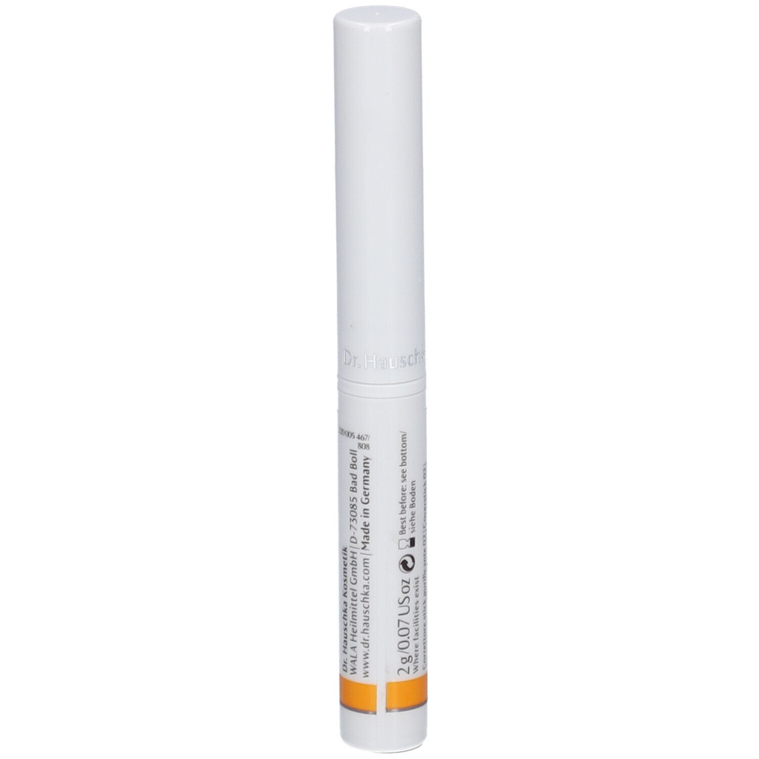 Weißer Stift mit orangefarbenem Streifen. Beschriftung: Abdeckstift 02 sand, Coverstick 02 sand, Stick Correcteur 02 sable.