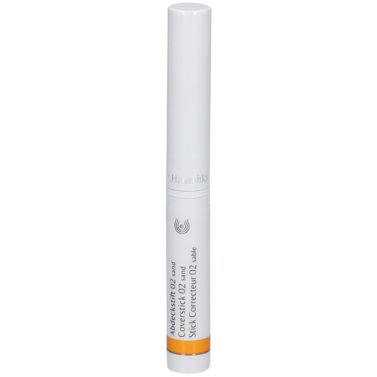 Weißer Stift mit orangefarbenem Streifen. Beschriftung: Abdeckstift 02 sand, Coverstick 02 sand, Stick Correcteur 02 sable.