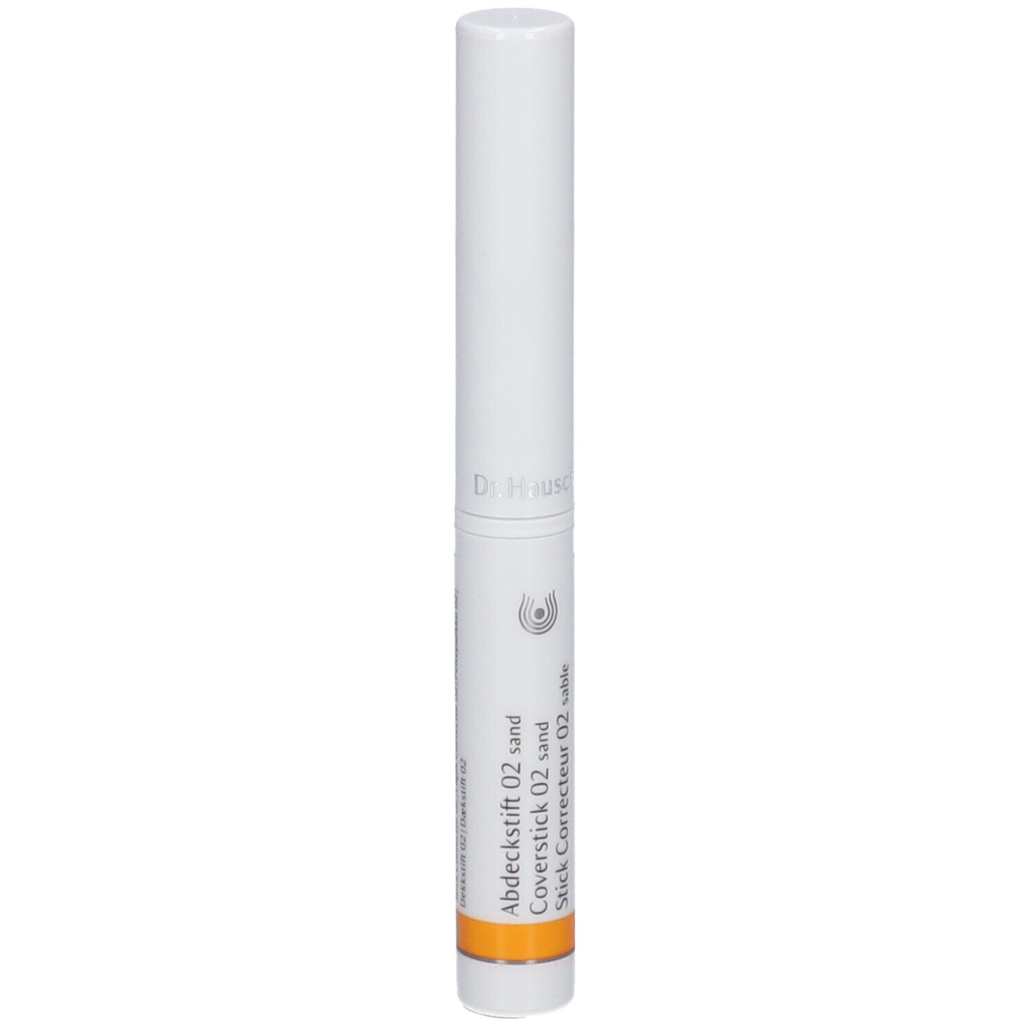 Weißer Stift mit orangefarbenem Streifen. Beschriftung: Abdeckstift 02 sand, Coverstick 02 sand, Stick Correcteur 02 sable.