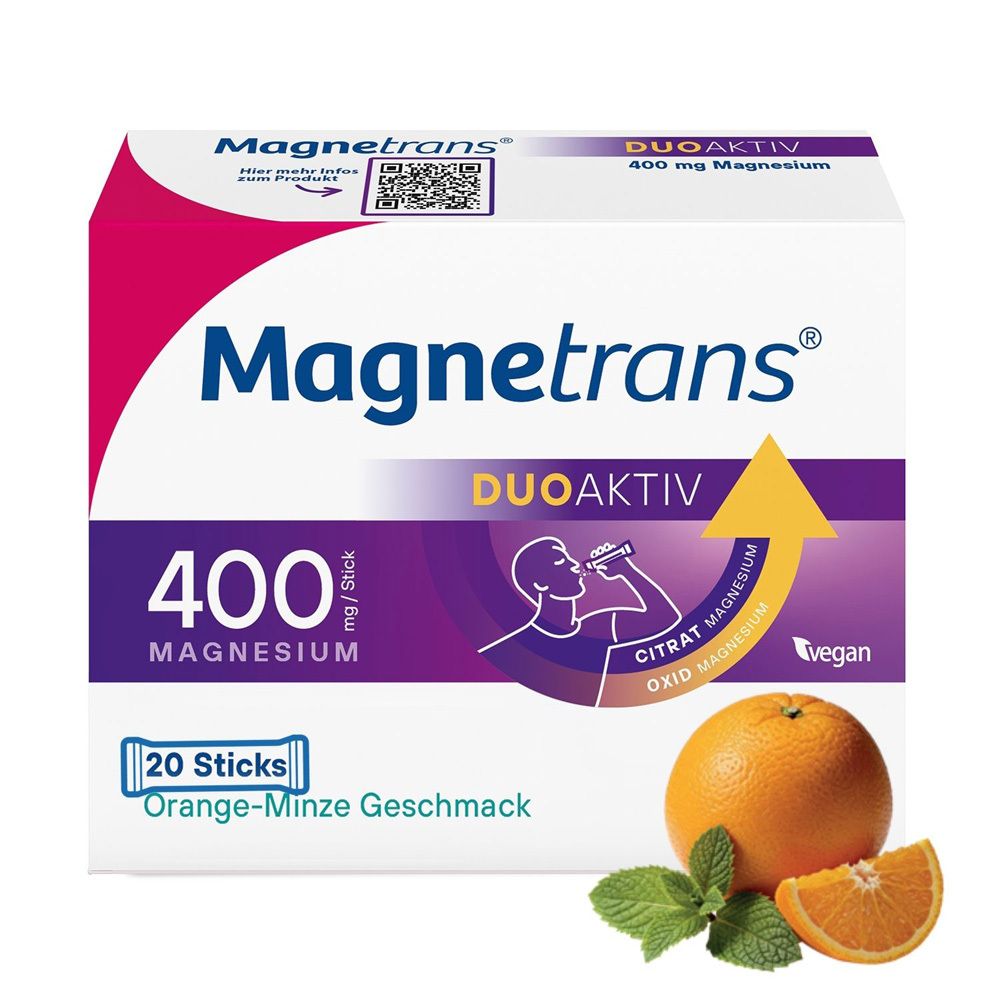 Verpackung von Magnetrans DUOAKTIV. 400 mg Magnesium, 20 Sticks, Orange-Minze Geschmack. Mit Orange und Minze.