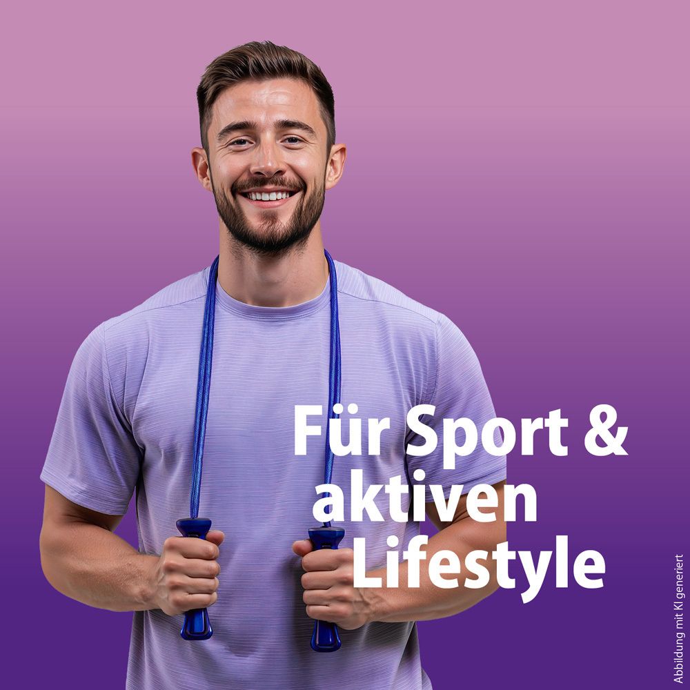 Mann mit Springseil. Text: Für Sport & aktiven Lifestyle.