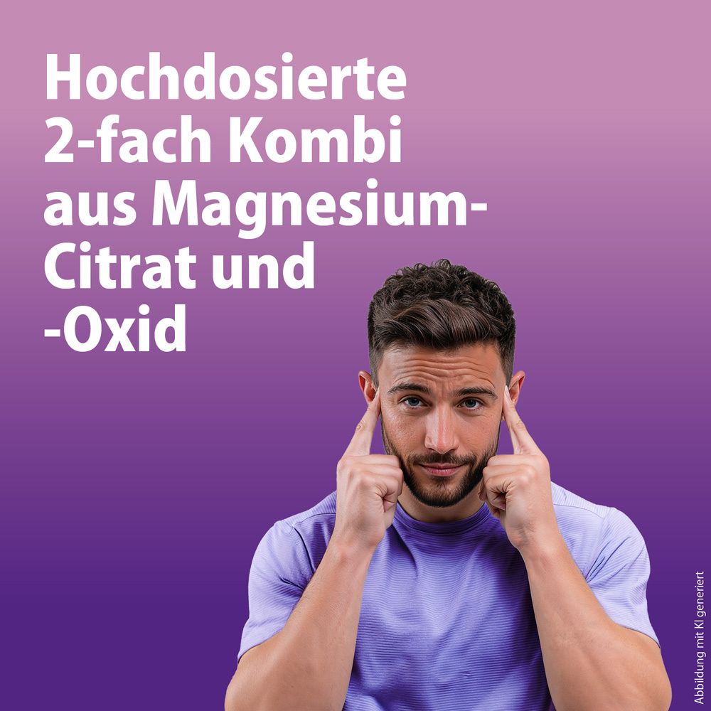 Mann mit Händen am Kopf. Text: Hochdosierte 2-fach Kombi aus Magnesium-Citrat und -Oxid.