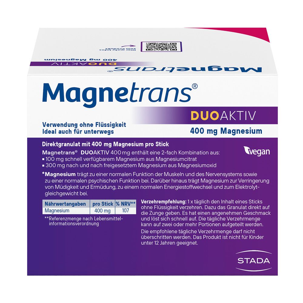 Magnetrans DUOAKTIV Packung. Text mit Inhaltsangaben und Verzehrempfehlung. Vegan-Siegel.