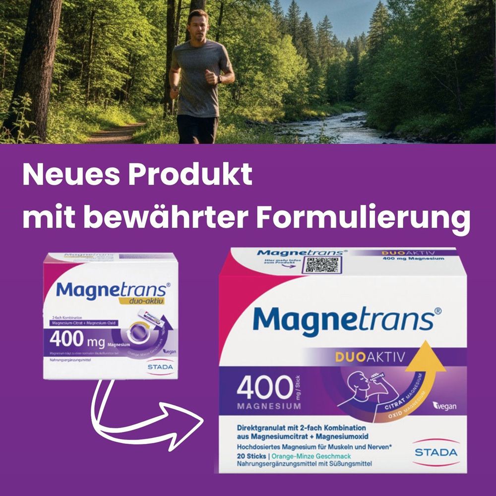 Werbung für Magnetrans DUOAKTIV. Zwei Packungen, eine Person läuft. Text: Neues Produkt mit bewährter Formulierung.