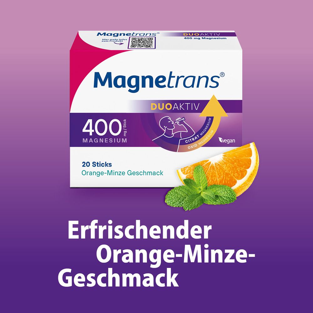 Magnetrans DUOAKTIV Packung. 20 Sticks, Orange-Minze Geschmack. Mit Orange und Minze.