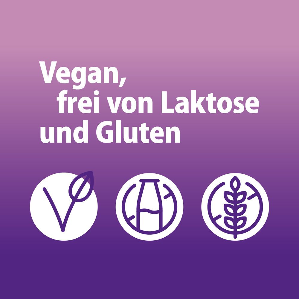 Text: Vegan, frei von Laktose und Gluten. Vegan-Siegel, laktosefrei-Symbol, glutenfrei-Symbol.