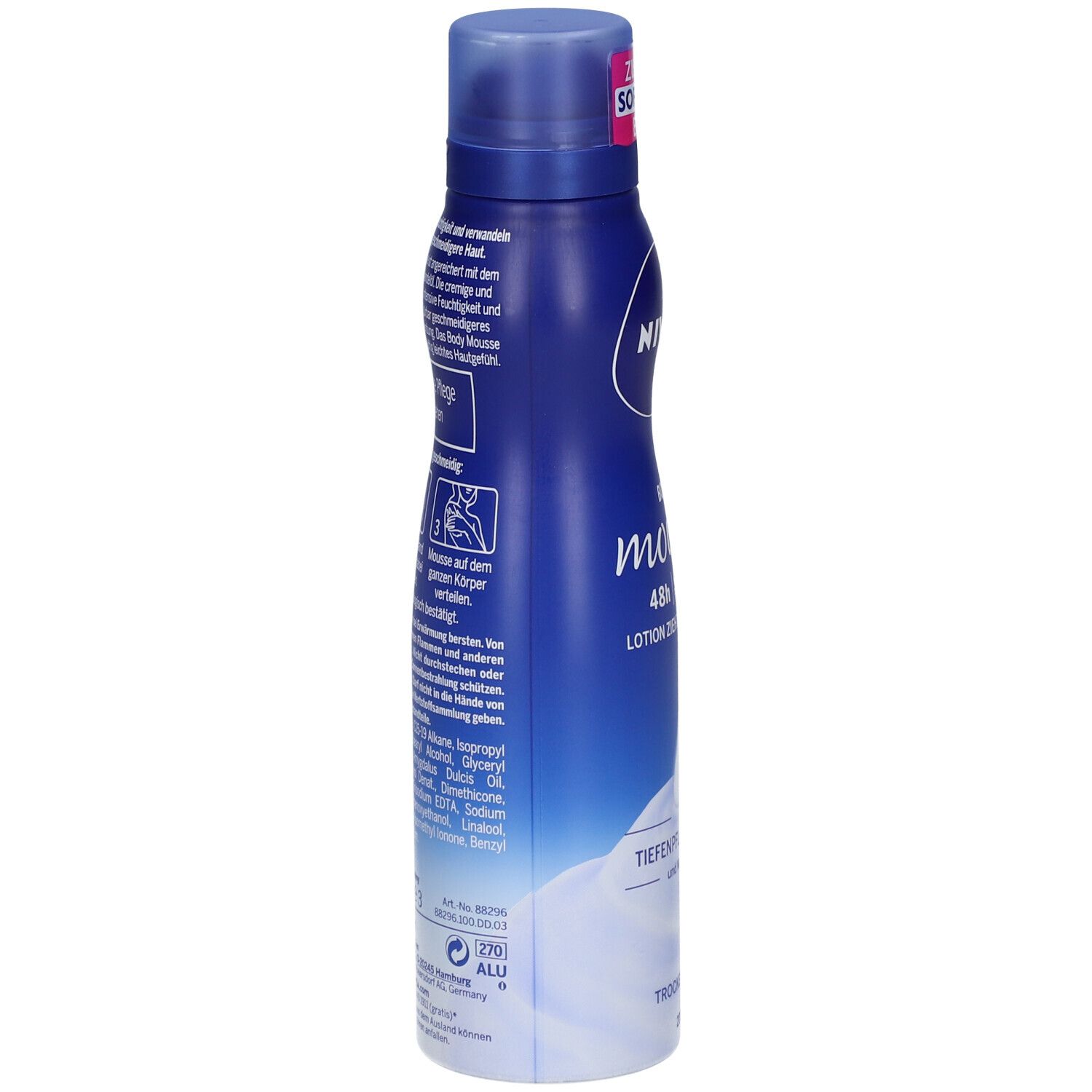 Blaue NIVEA Body Mousse Flasche. Aufschrift: Body Mousse, 48h reichhaltige Pflege. Rückseite mit Produktinformationen und Inhaltsstoffen.