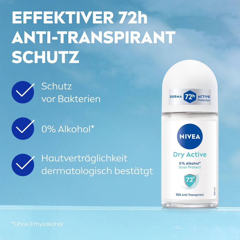 NIVEA Dry Active Roll-on: 72h Schutz, antibakteriell, 0% Alkohol. Hautverträglichkeit dermatologisch bestätigt.