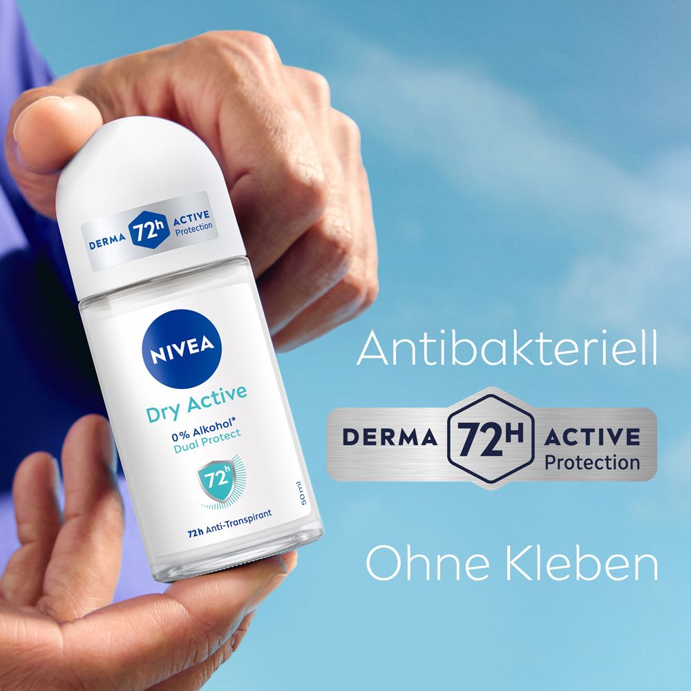 Mann hält NIVEA Dry Active Roll-on. Antibakteriell, 72h Active Protection. Ohne Kleben.