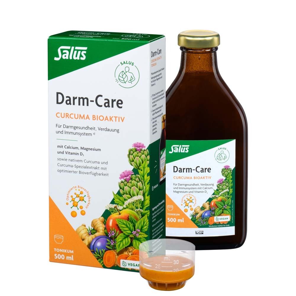 Salus Darm-Care Curcuma Bioaktiv Tonikum. Flasche und Verpackung. Enthält Curcuma, Calcium, Magnesium und Vitamin D. Messbecher.