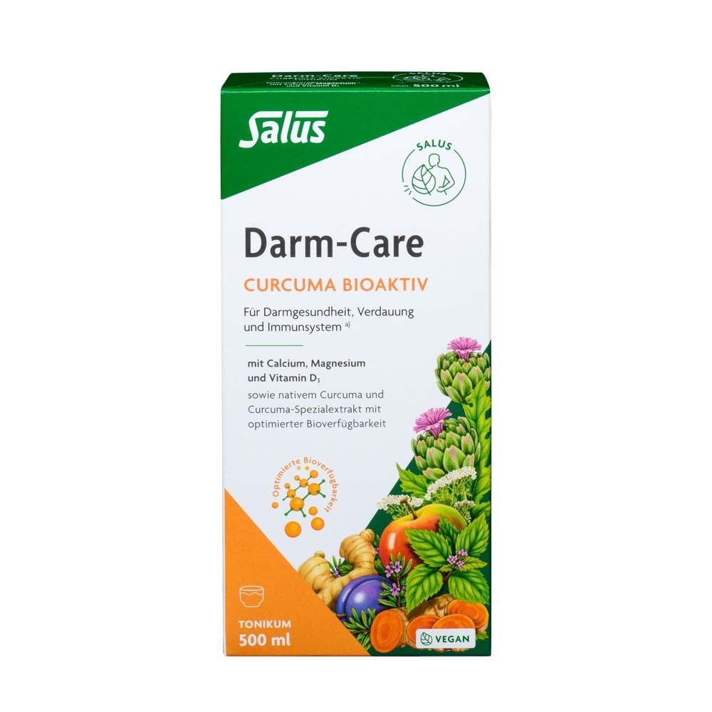 Salus Darm-Care Curcuma Bioaktiv Tonikum. Verpackung. Enthält Curcuma, Calcium, Magnesium und Vitamin D. Vegan.