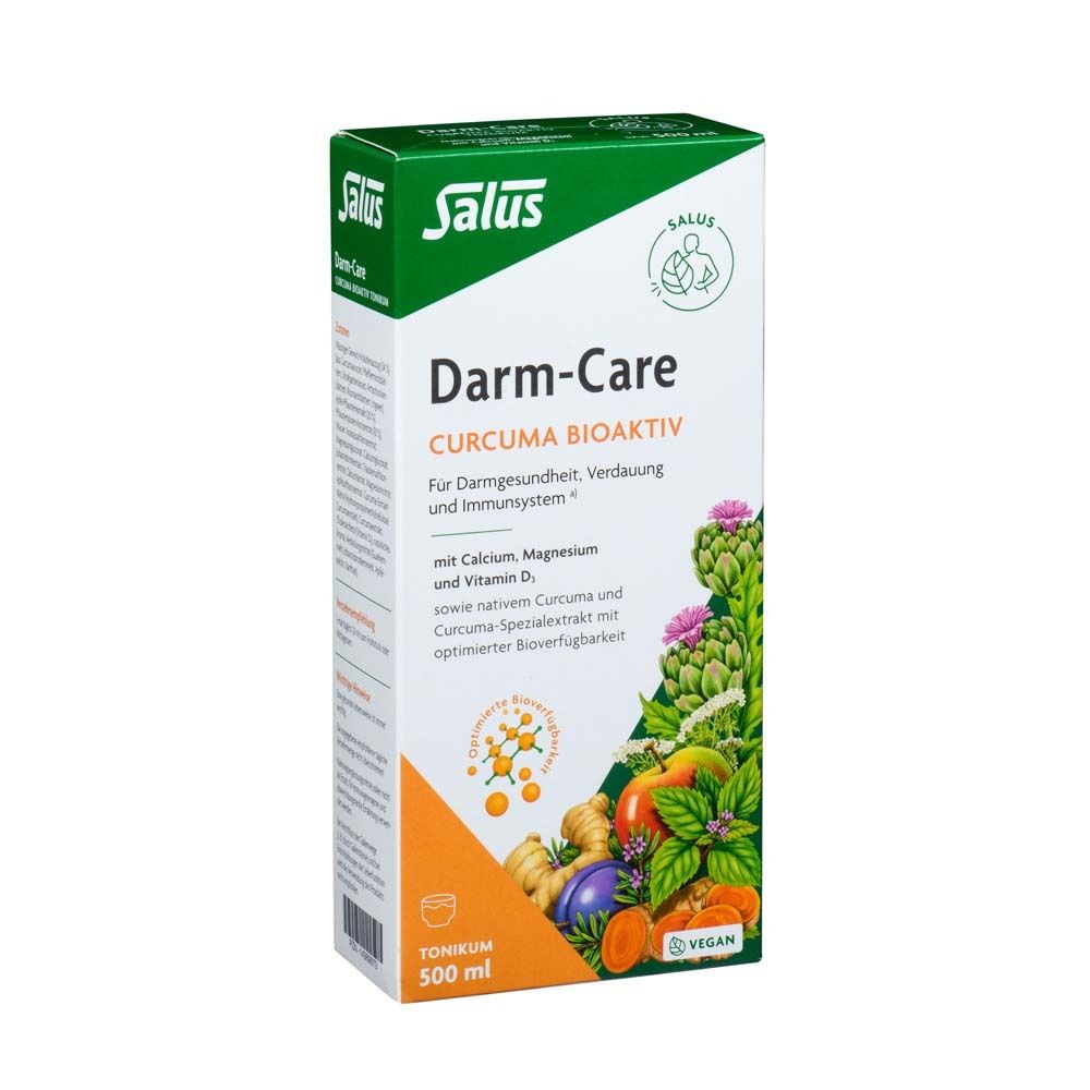 Salus Darm-Care Curcuma Bioaktiv Tonikum. Verpackung. Enthält Curcuma, Calcium, Magnesium und Vitamin D. Vegan.