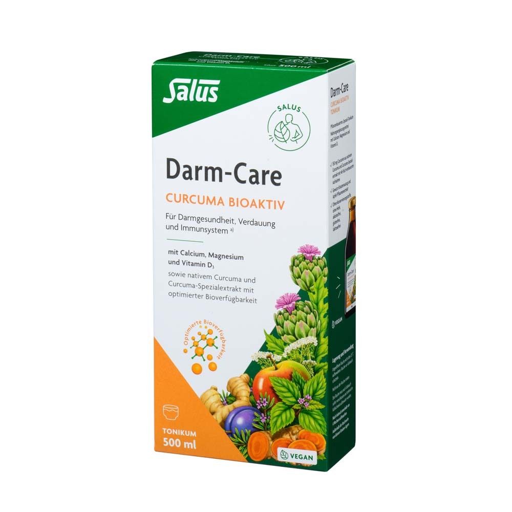 Salus Darm-Care Curcuma Bioaktiv Tonikum. Verpackung. Enthält Curcuma, Calcium, Magnesium und Vitamin D. Vegan.