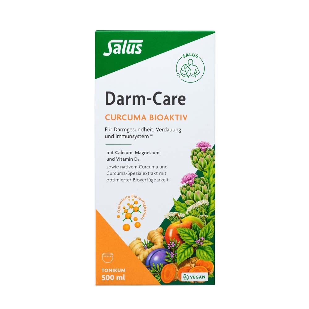 Salus Darm-Care Curcuma Bioaktiv Tonikum. Verpackung. Enthält Curcuma, Calcium, Magnesium und Vitamin D. Vegan.