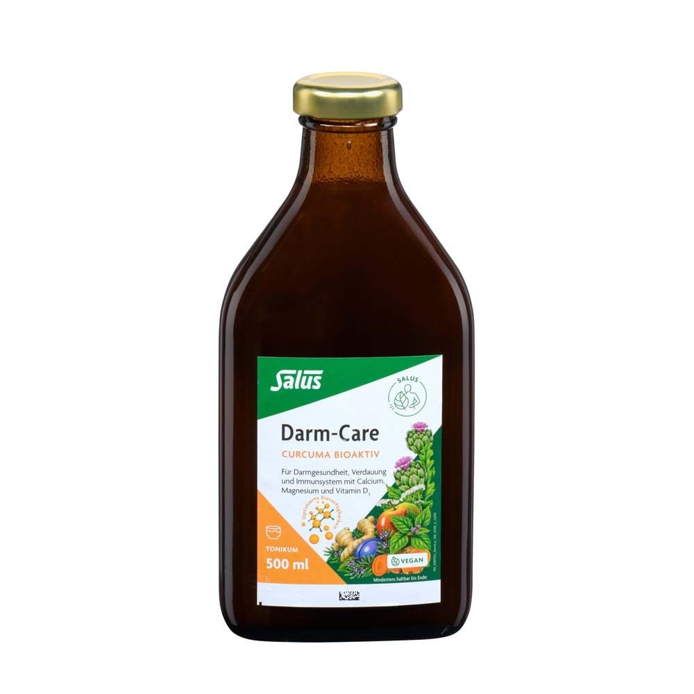 Salus Darm-Care Curcuma Bioaktiv Tonikum. Braune Glasflasche mit goldfarbenem Deckel. Vegan.