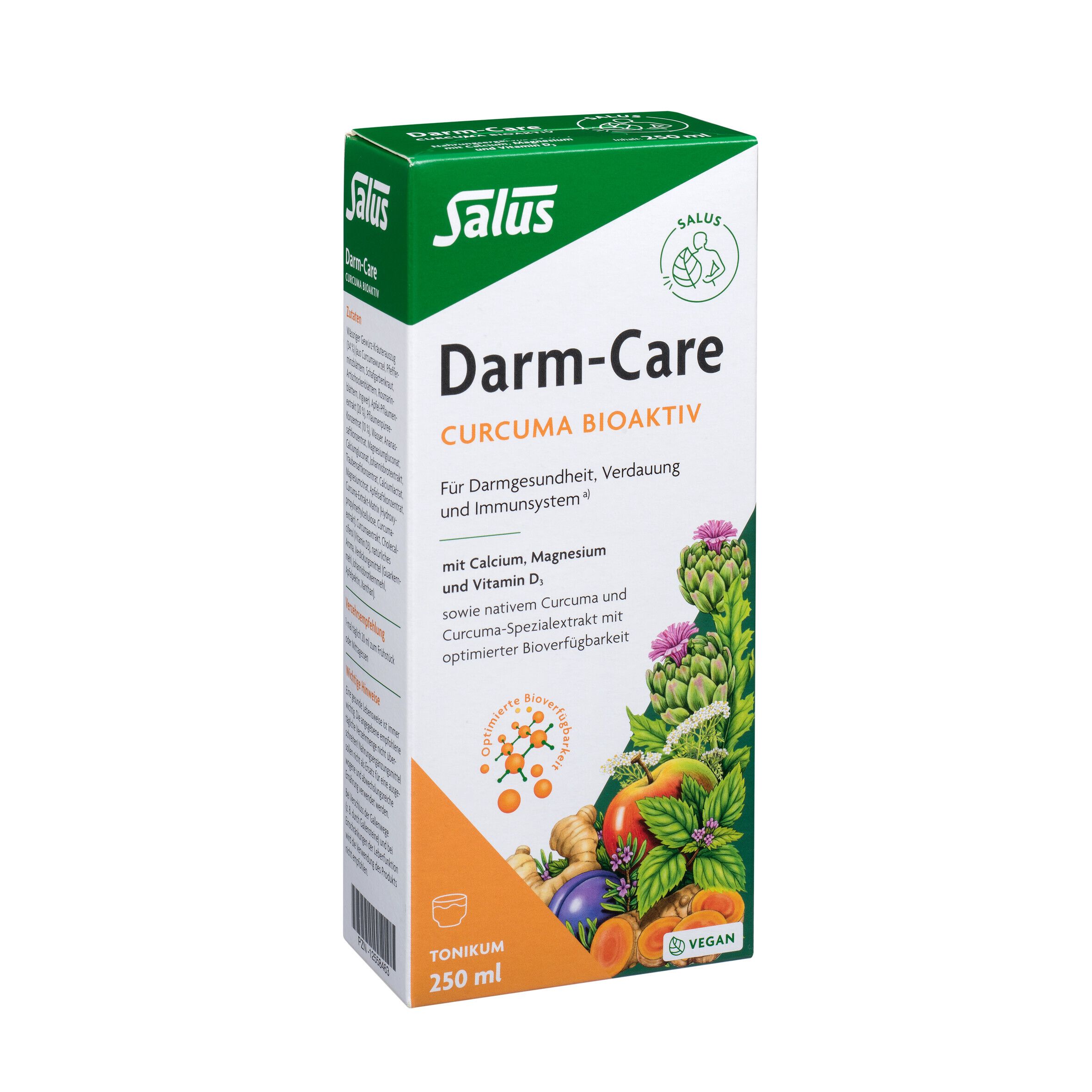Salus Darm-Care Curcuma Bioaktiv Tonikum. Verpackung. Enthält Curcuma, Calcium, Magnesium und Vitamin D. Vegan.