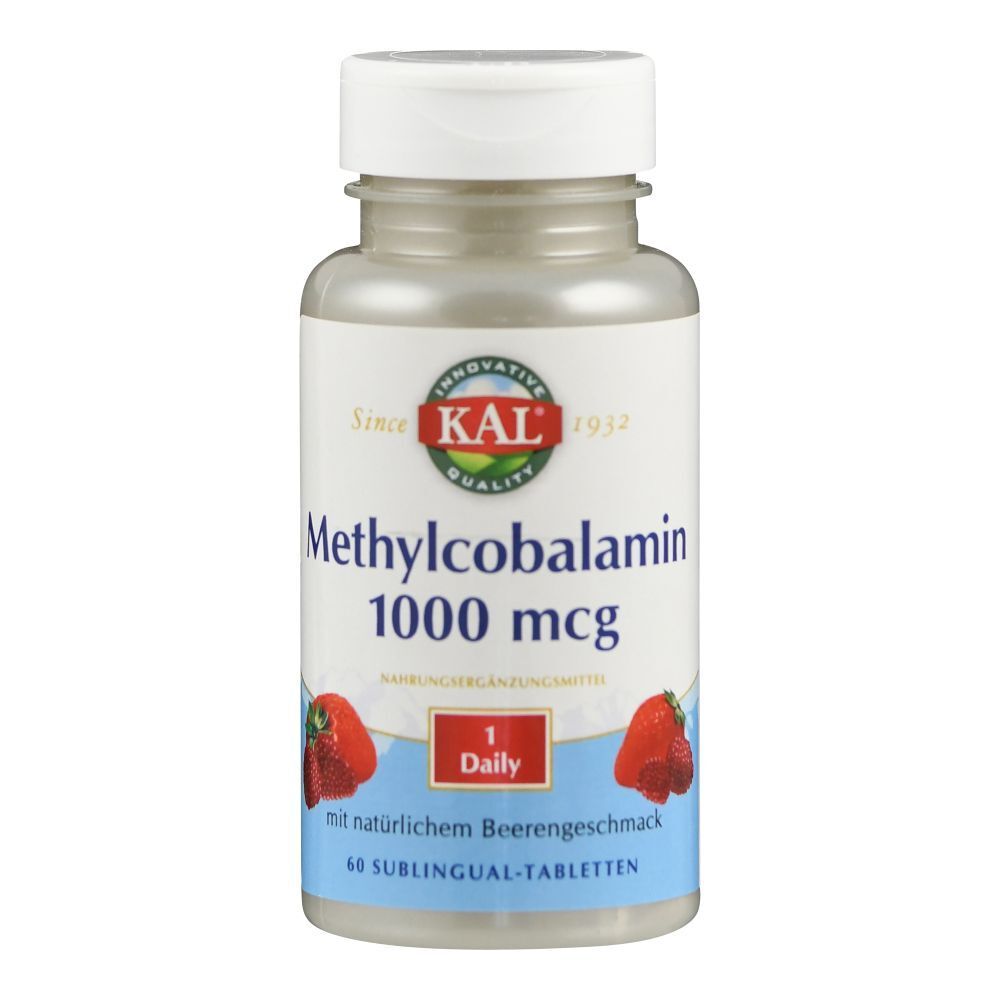Vitamin B12 Methylcobalamin Flasche. Enthält 60 Sublingual-Tabletten. Aufschrift: Methylcobalamin 1000 mcg, 1 Daily.