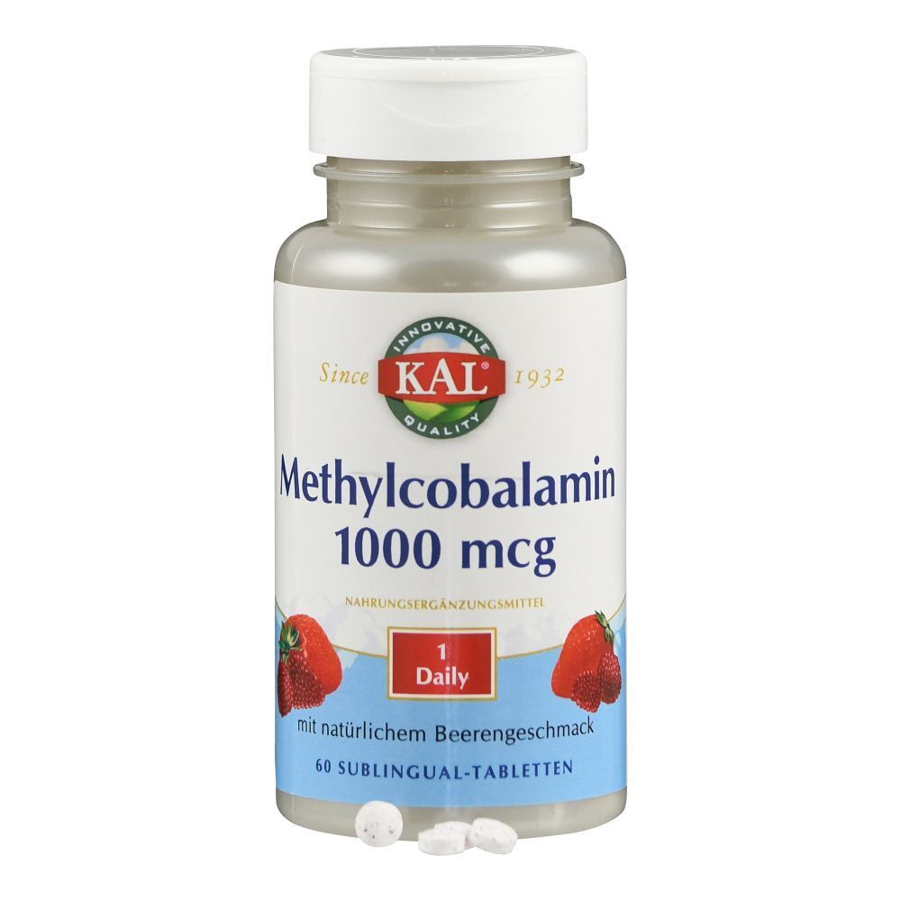 Vitamin B12 Methylcobalamin Flasche mit Tabletten daneben. Aufschrift: Methylcobalamin 1000 mcg, 1 Daily. 60 Tabletten.