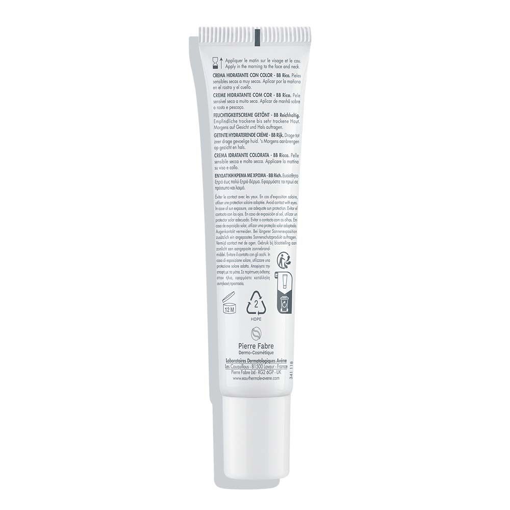 Rückseite der Tube Avène Hydrance BB Rich SPF30. Text in mehreren Sprachen. Informationen zu Inhaltsstoffen und Anwendung.