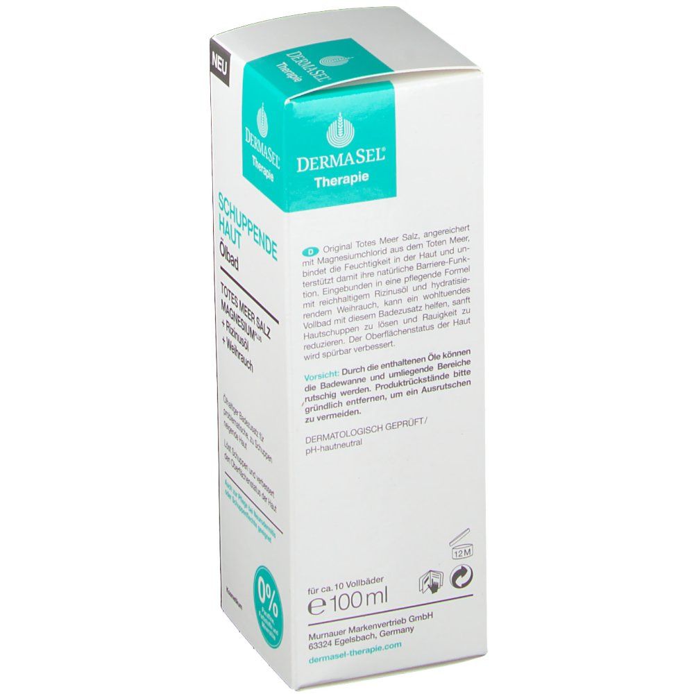 Weiße Produktverpackung mit blaugrünen Akzenten. Aufschrift: DERMASEL Therapie Schuppende Haut Ölbad. Enthält Totes Meer Salz, Magnesium, Rizinusöl, Weihrauch.