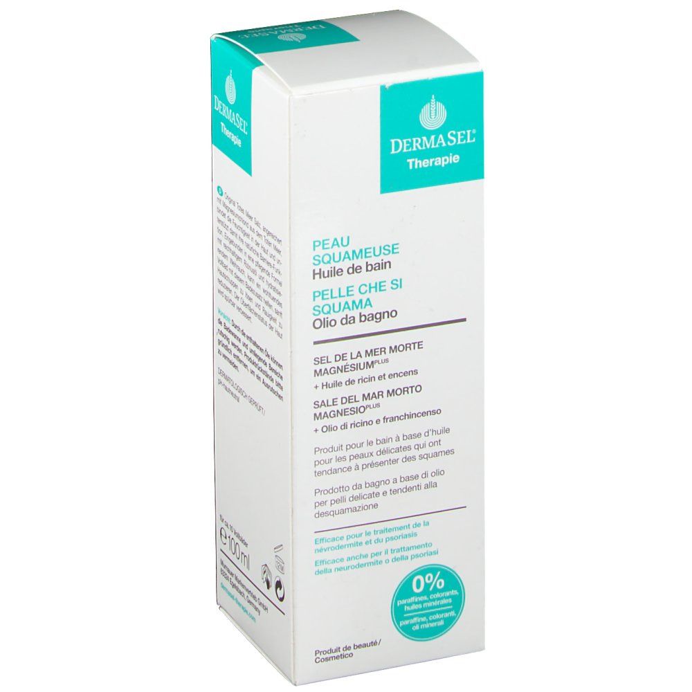 Produktverpackung, weiß mit blaugrünen Akzenten. Aufschrift: DERMASEL Therapie. Text in Französisch und Italienisch. Enthält Inhaltsstoffe und 0% Kennzeichnung.