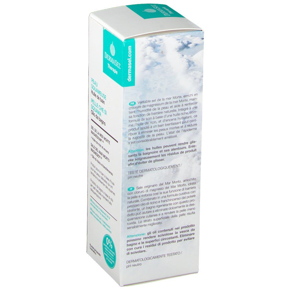Produktverpackung, weiß mit blaugrünen Akzenten. Aufschrift: DERMASEL Therapie. Text in Französisch und Italienisch. Dermatologisch getestet.