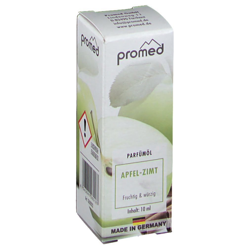 Kartonverpackung mit "promed"-Logo. "Parfümöl Apfel-Zimt"-Etikett. Abbildung von Apfel und Zimt. Enthält 10 ml.