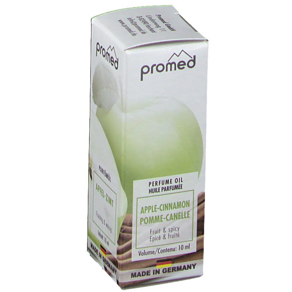 Kartonverpackung mit "promed"-Logo. "Parfümöl Apfel-Zimt"-Etikett. Enthält "Apple-Cinnamon". 10 ml.