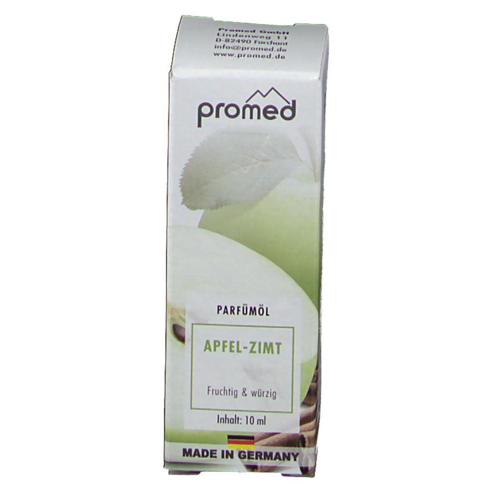 Kartonverpackung mit "promed"-Logo. "Parfümöl Apfel-Zimt"-Etikett. Abbildung von Apfel und Zimt. 10 ml.