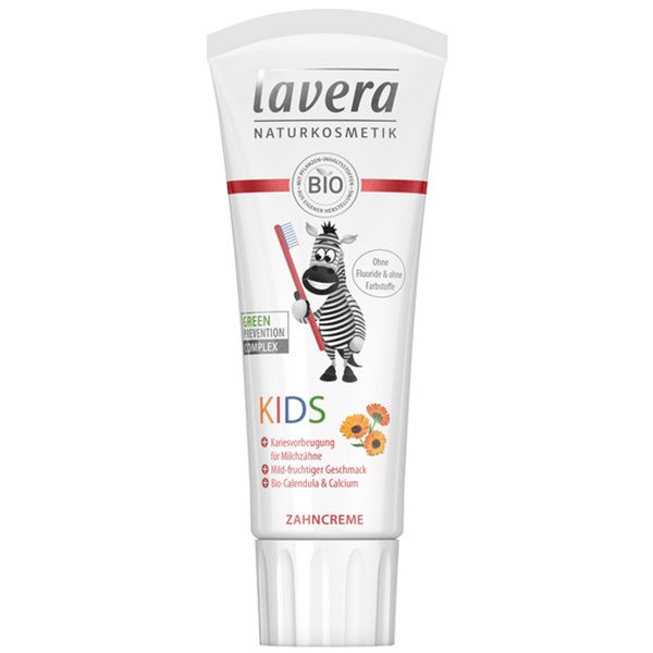 Lavera Kids Zahnpasta-Tube mit Zebra-Motiv und der Aufschrift "Ohne Fluoride & Farbstoffe".