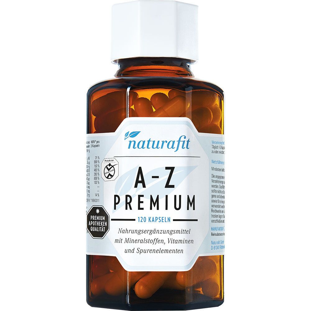 Braune Glasflasche mit weißen Deckel. Etikett mit "naturafit A-Z Premium" und 120 Kapseln. Nahrungsergänzungsmittel.
