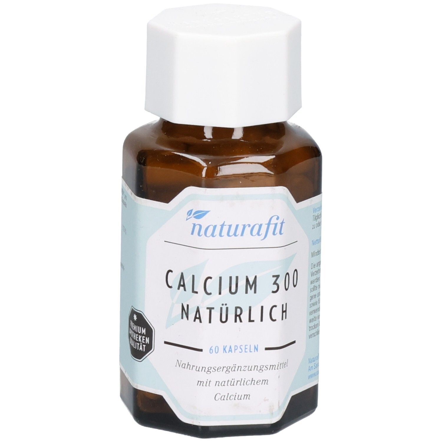 Braune Glasflasche mit weißem Deckel, naturafit CALCIUM 300 NATÜRLICH, 60 Kapseln.