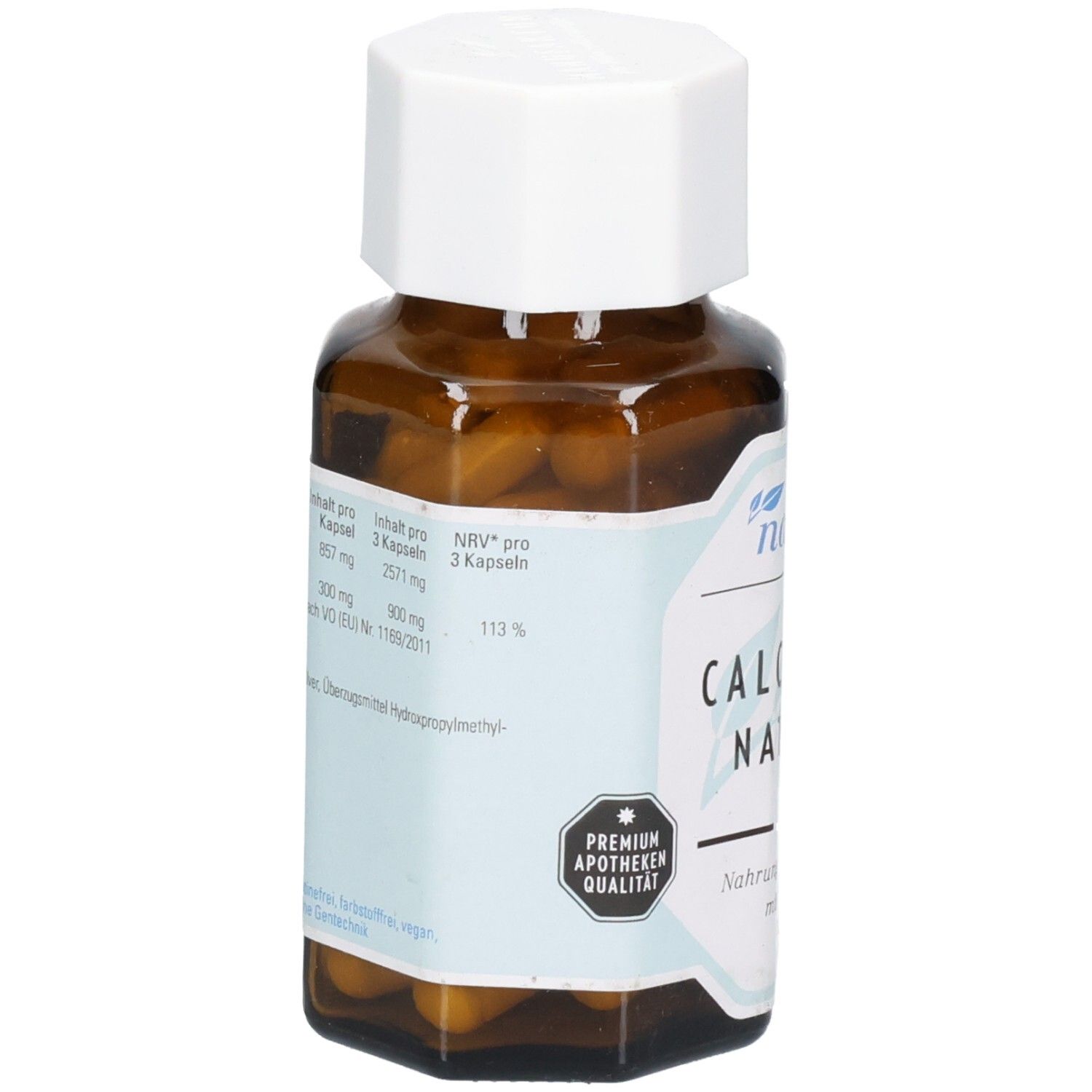 Rückseite einer naturafit CALCIUM 300 NATÜRLICH Flasche mit Nährwertangaben und Apothekenqualitätssiegel.