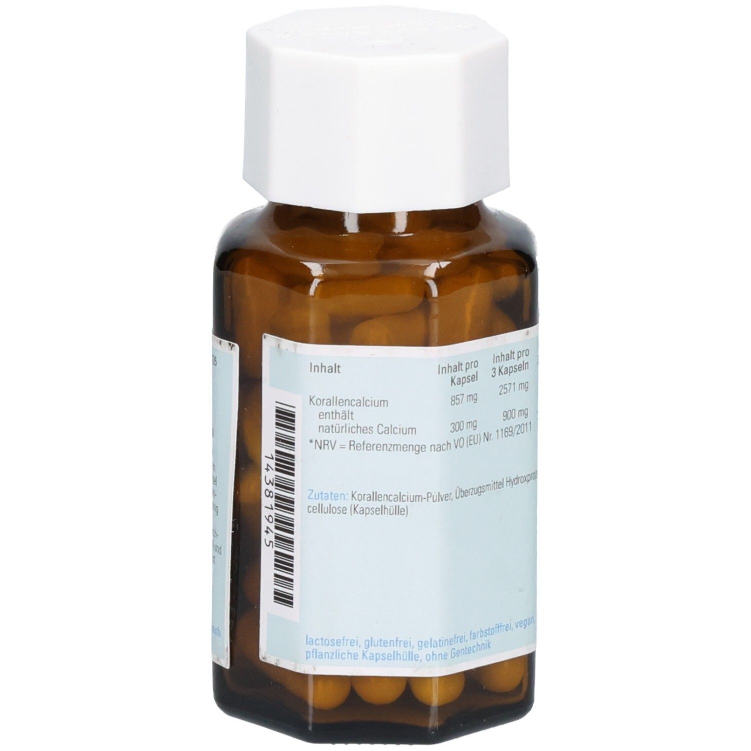 Rückseite einer naturafit CALCIUM 300 NATÜRLICH Flasche mit Inhaltsstoffen und Barcode.