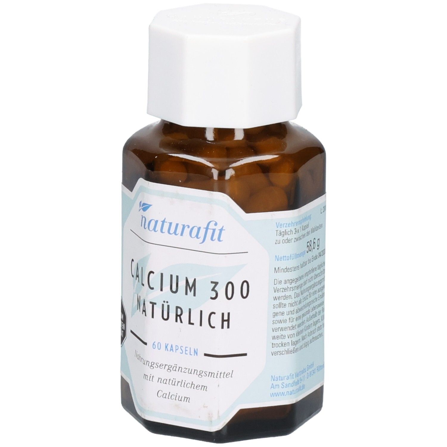 Vorderseite einer naturafit CALCIUM 300 NATÜRLICH Flasche mit Dosierungsempfehlung und Nettofüllmenge.